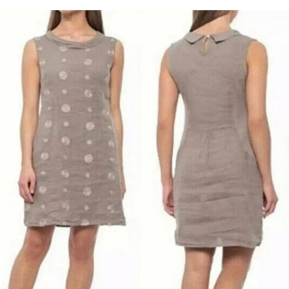 LINA TOMEI L linen taupe swing dress with embroidered polka dots and pockets